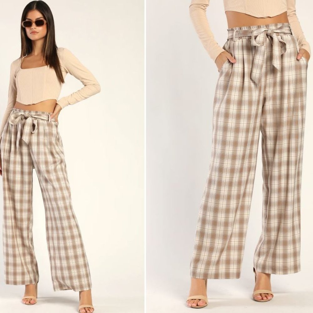 NEVER WORN - Lulus Ivory Plaid Paperbag Wide-Leg Pants, Size Large